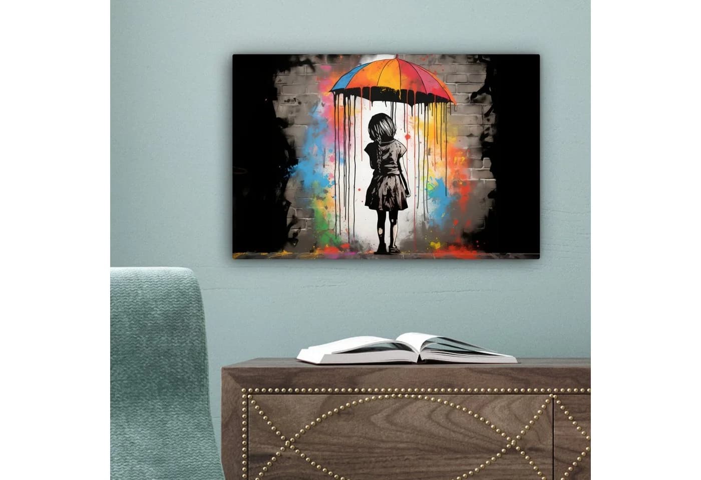 OneMillionCanvasses® Leinwandbild Mädchen - Kunst - Regenschirm - Graffiti - Farben - Wand, Fotodruck (1 St), Leinwand Bilder Klein, Wand Dekoration Aesthetic 30x20 cm - Bild 5