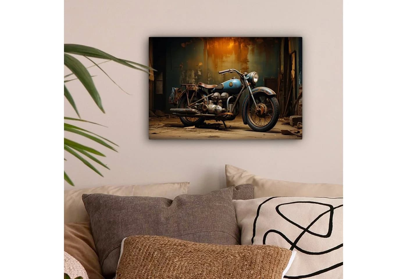 OneMillionCanvasses® Leinwandbild Vintage Motorrad Blau Garage Fotodruck