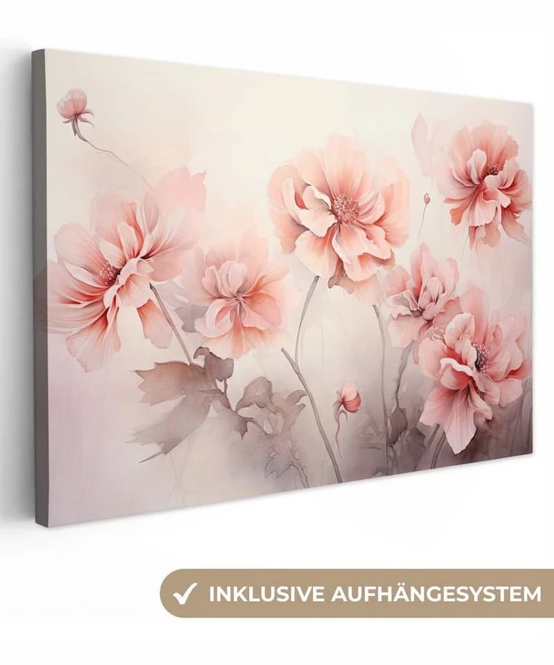 OneMillionCanvasses Leinwandbild Rosa Blumen Aquarell 30x20 cm - Bild 2