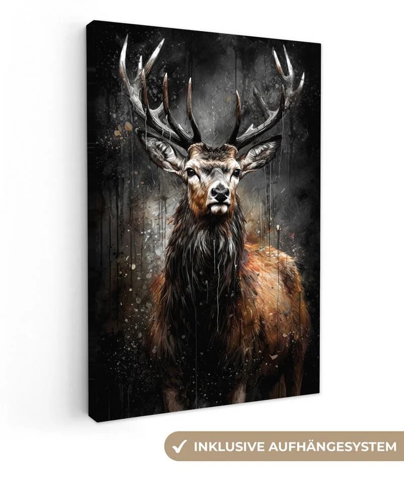 OneMillionCanvasses® Leinwandbild Hirsch Schwarz Tier Hirschkopf Fotodruck Leinwand Canvas Wandbild Wanddekoration 20x30 cm - Bild 2
