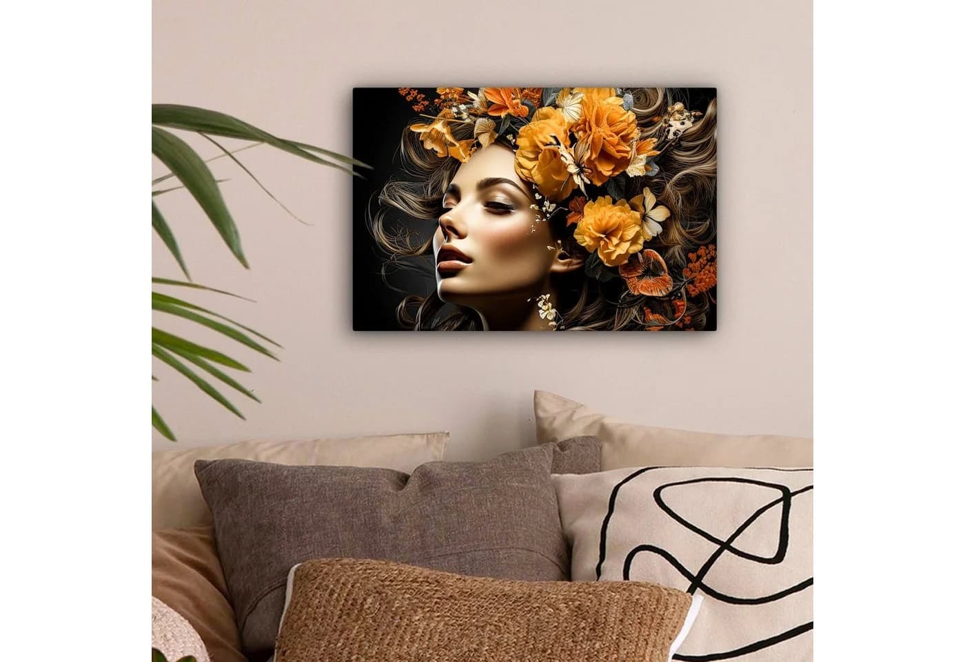 OneMillionCanvasses® Leinwandbild Frau Blumen Farbenfroh Wanddekoration