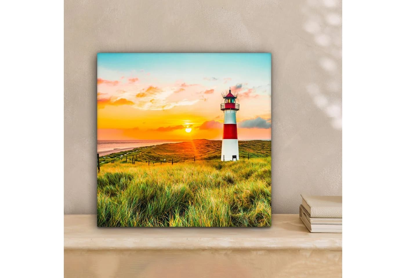 OneMillionCanvasses® Leinwandbild Leuchtturm Strand Motiv Bunt