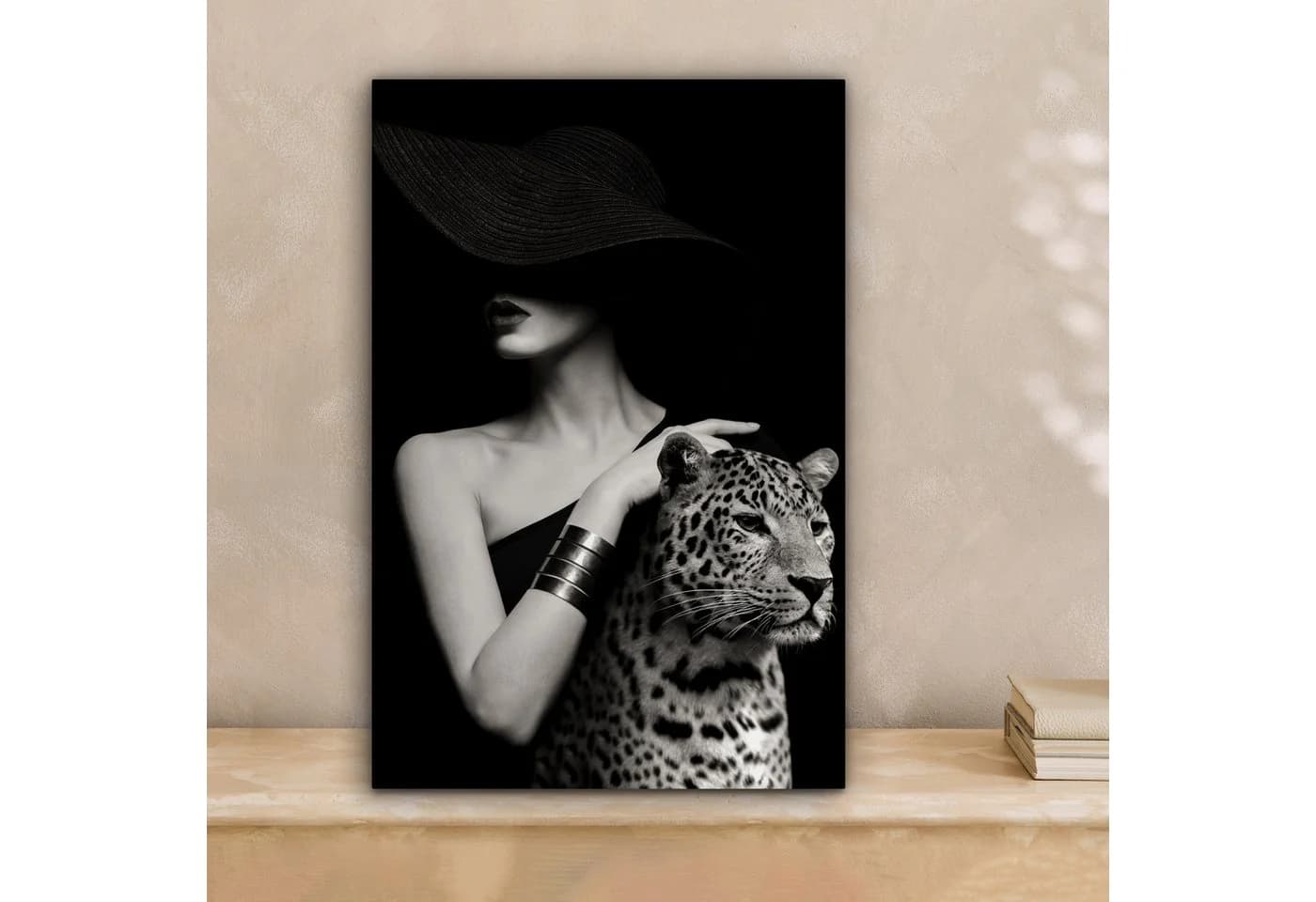 OneMillionCanvasses® Leinwandbild Frau Leopard Luxus Schwarz Weiß Tier
