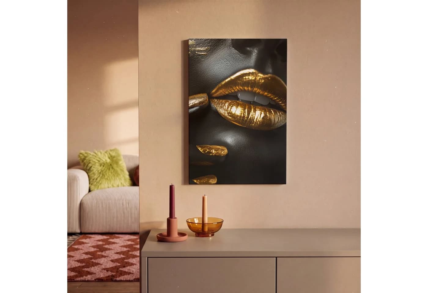 OneMillionCanvasses® Leinwandbild Lippen - Gold - Abstrakt - Schwarz - Frau