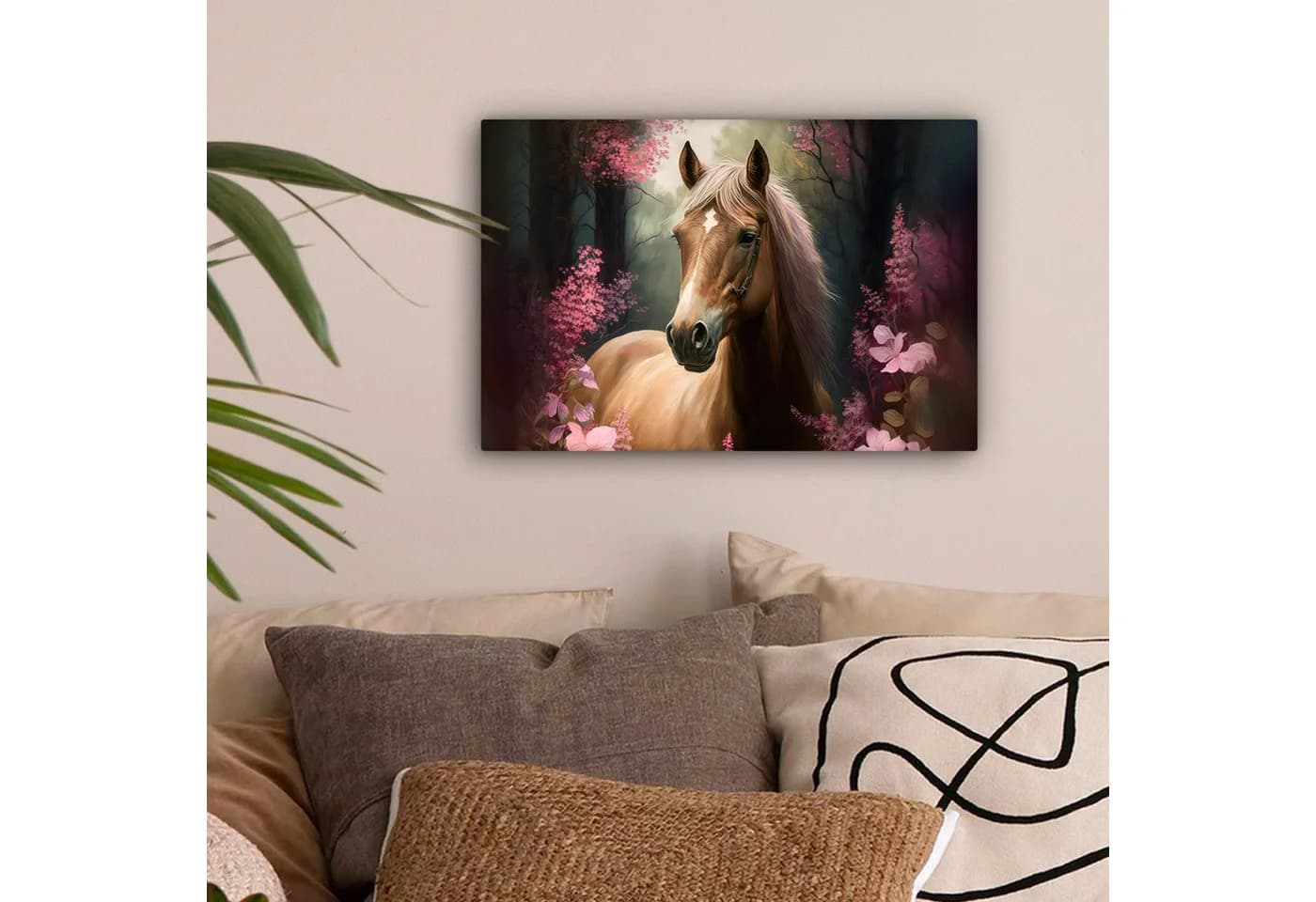 OneMillionCanvasses® Leinwandbild Pferd Blumen Rosa Natur Wald Fotodruck