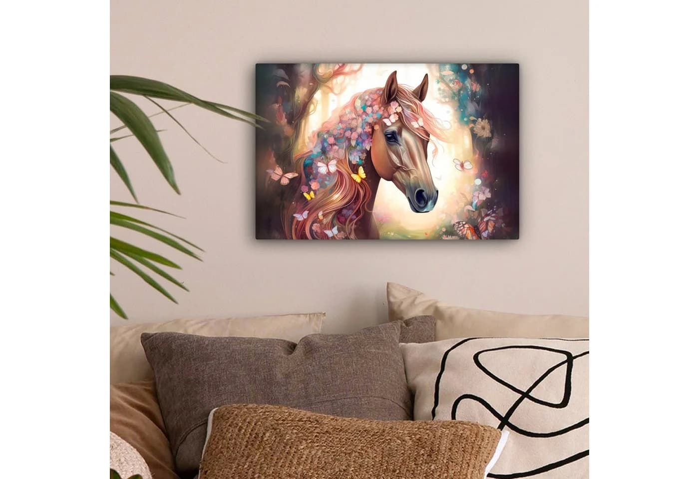 OneMillionCanvasses® Leinwandbild Pferd Natur Blumen Schmetterlinge Wald