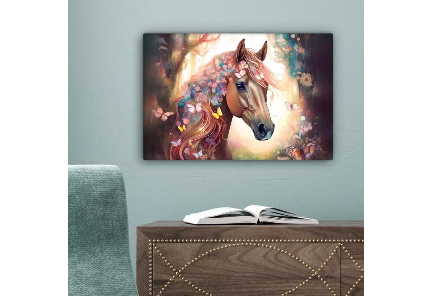 OneMillionCanvasses® Leinwandbild Pferd Natur Blumen Schmetterlinge Wald - Bild 5