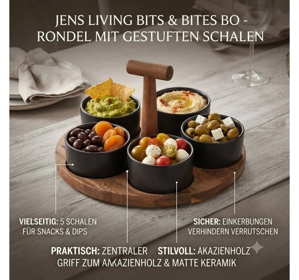 Jens Living Servierset Bits & Bites Bo Schwarz Akazienholz & 5 Keramikschalen