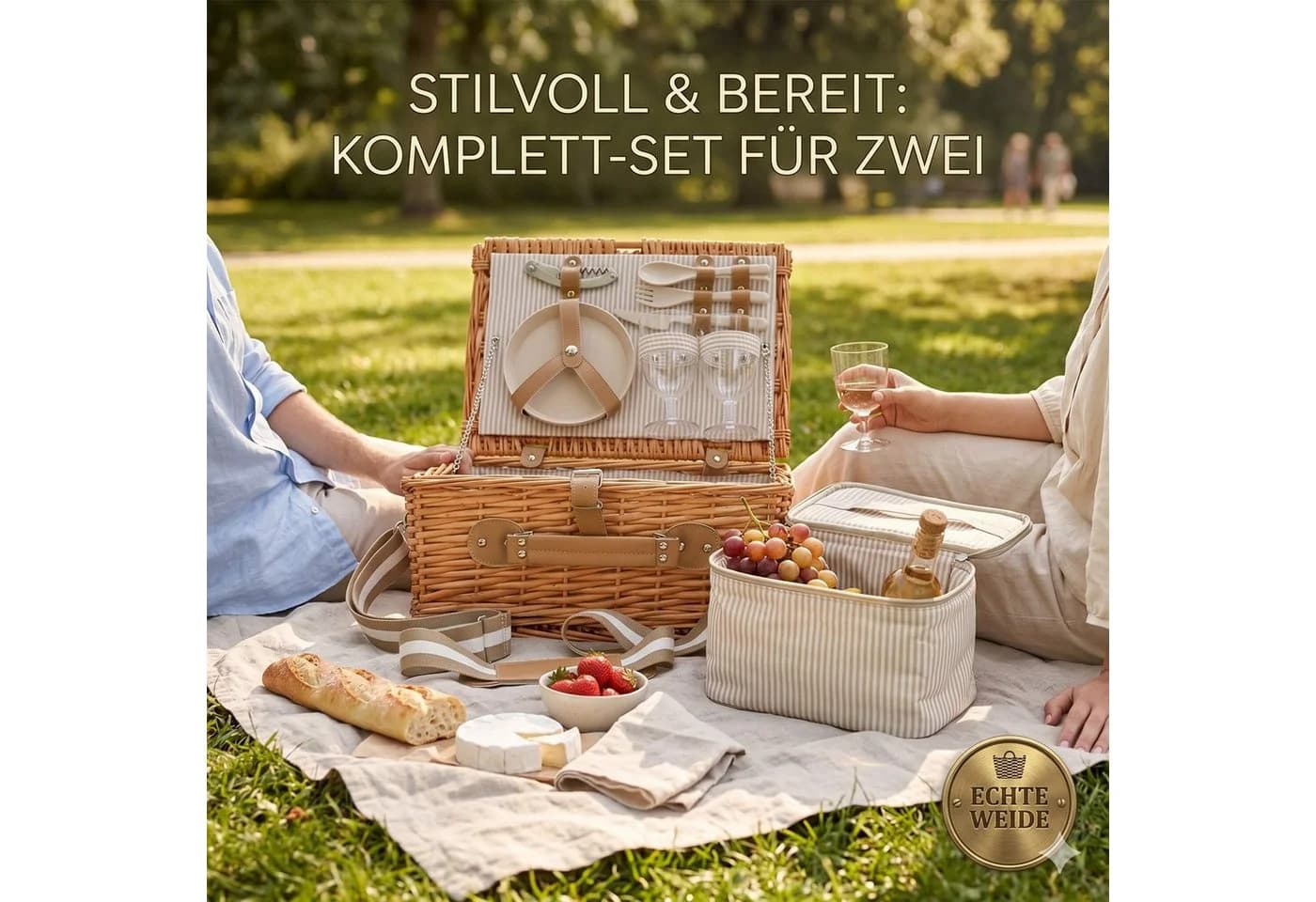 JENS Living Picknickkorb Set für 2 Personen mit Kühltasche & Besteck Weide Natur