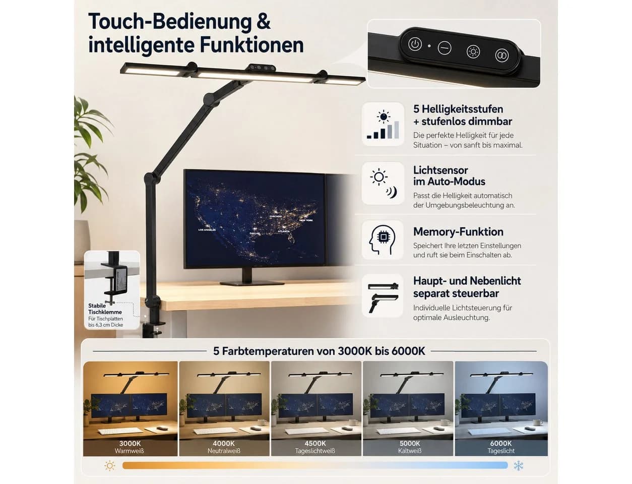 Cozy Vent LED Schreibtischlampe extra lang mit Lichtsensor - Bild 5