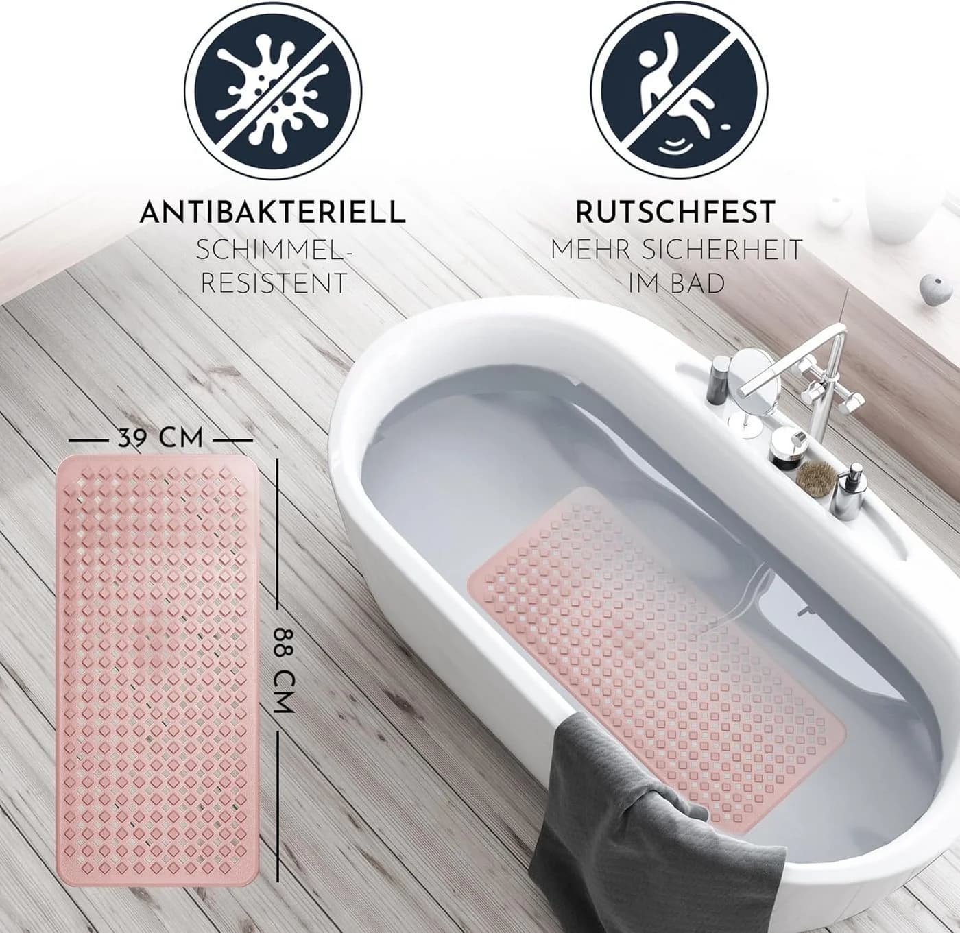 Homerella Badematte rutschfest schimmelresistent rosa inkl. Aufhängung