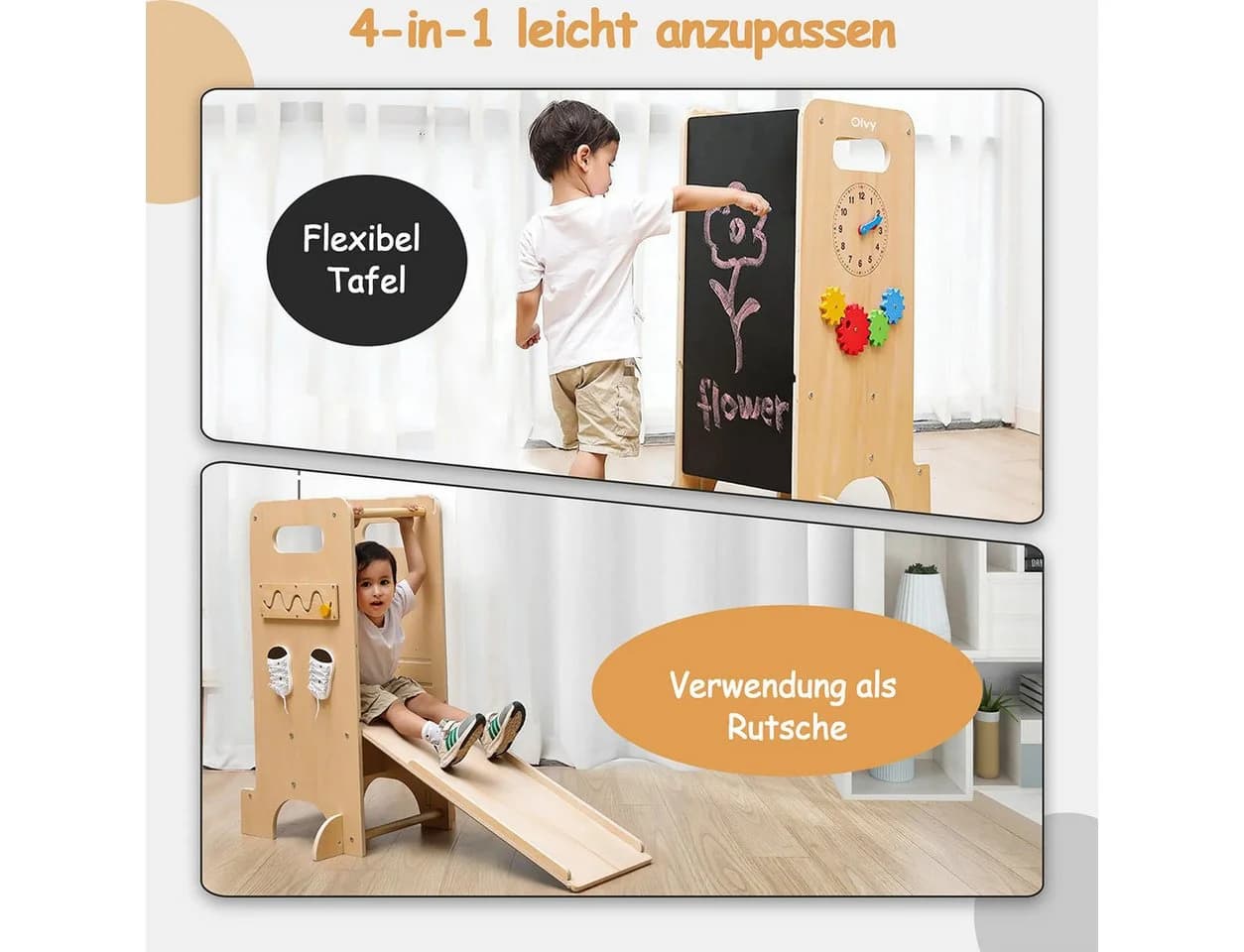 Olvy Lernturm 4-in-1 Stehhilfe höhenverstellbar mit Rutsche