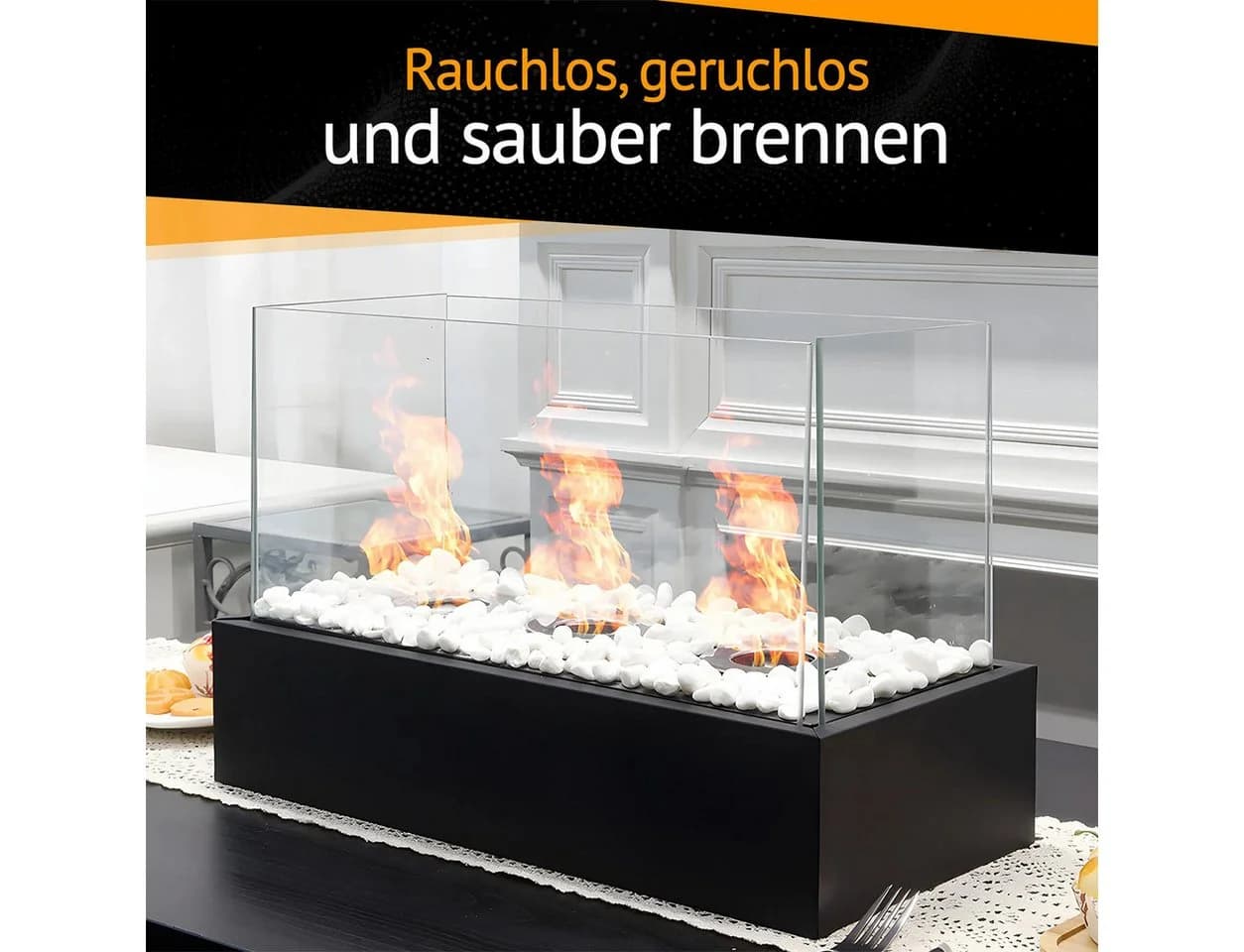 Olvy Tischkamin Fiérza XXL Schwarz mit Dekosteine