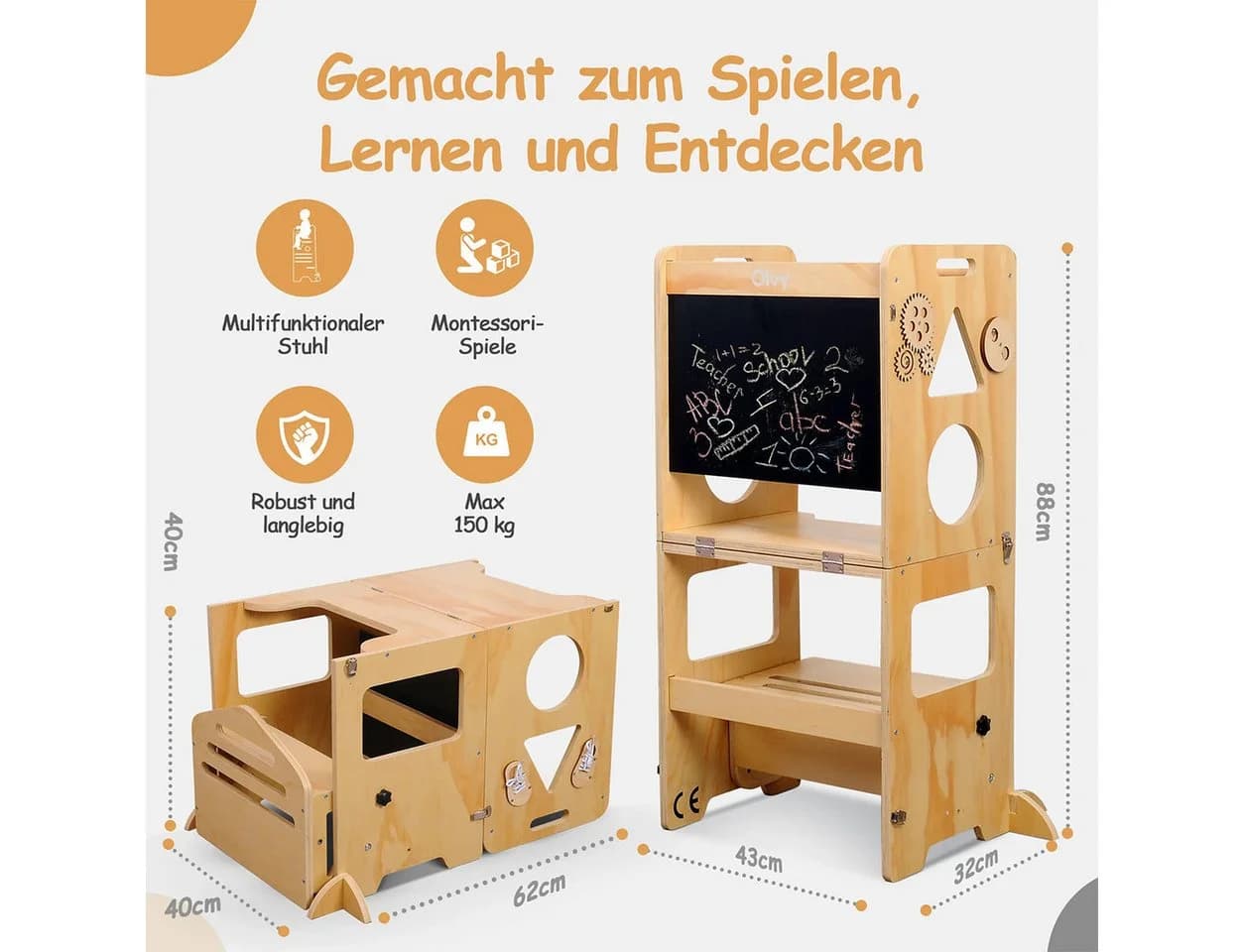 Olvy Lernturm 3-in-1 Stehhilfe für Kinder ab 1 Jahr, Faltbar, Holz