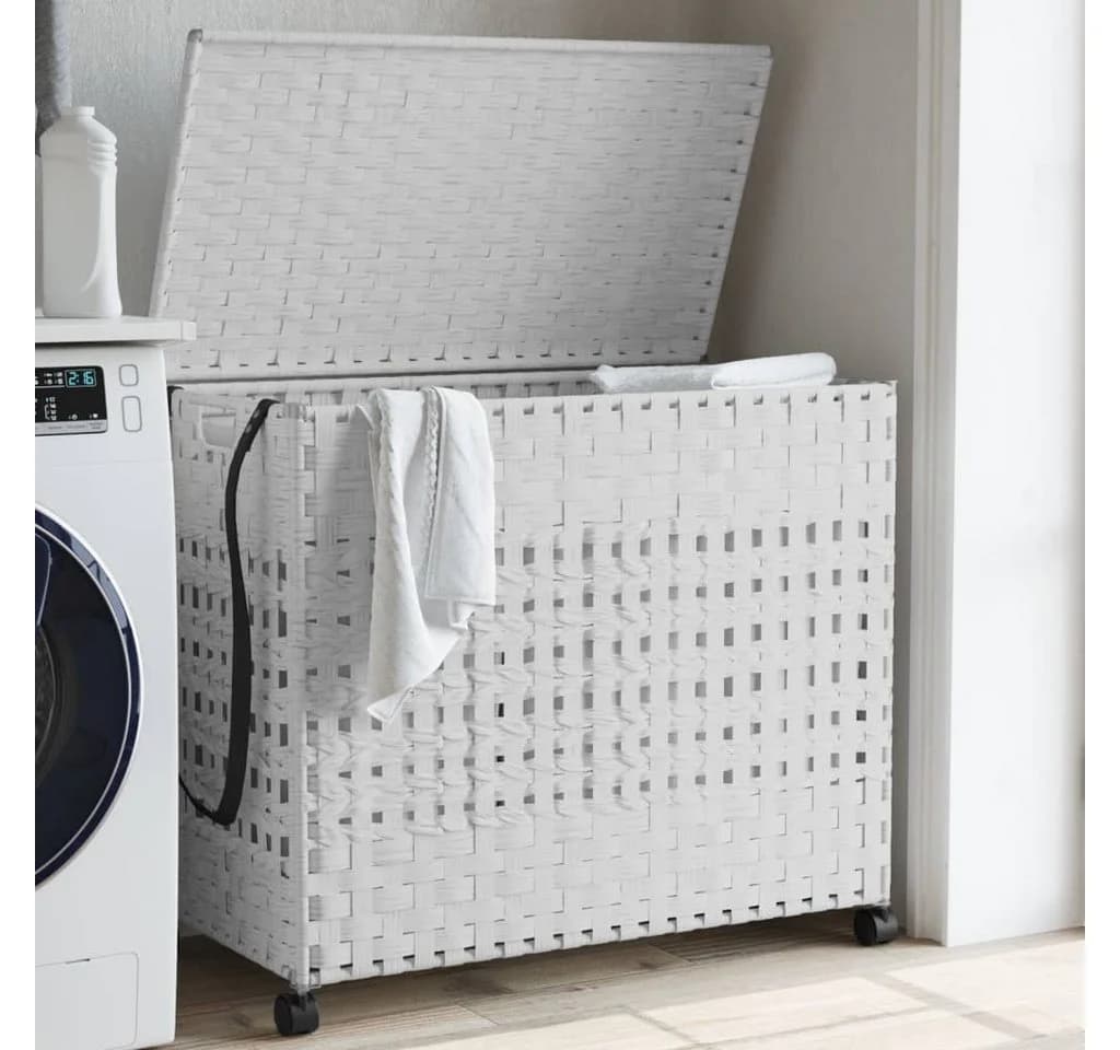 vidaXL Wäschekorb mit Rollen 3 Fächer Weiß Rattan