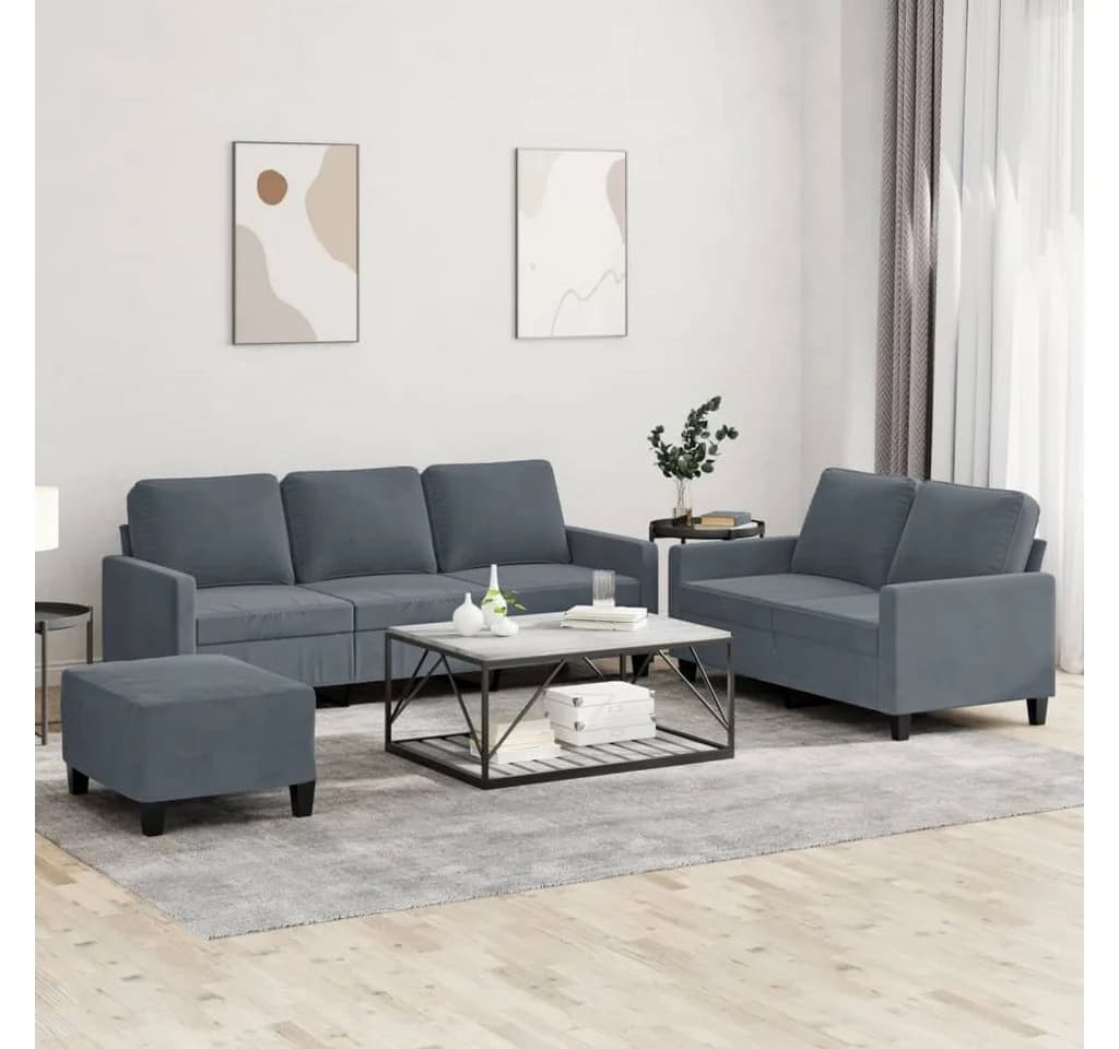 vidaXL 3-teilige Sofagarnitur mit Hocker Dunkelgrau Samt