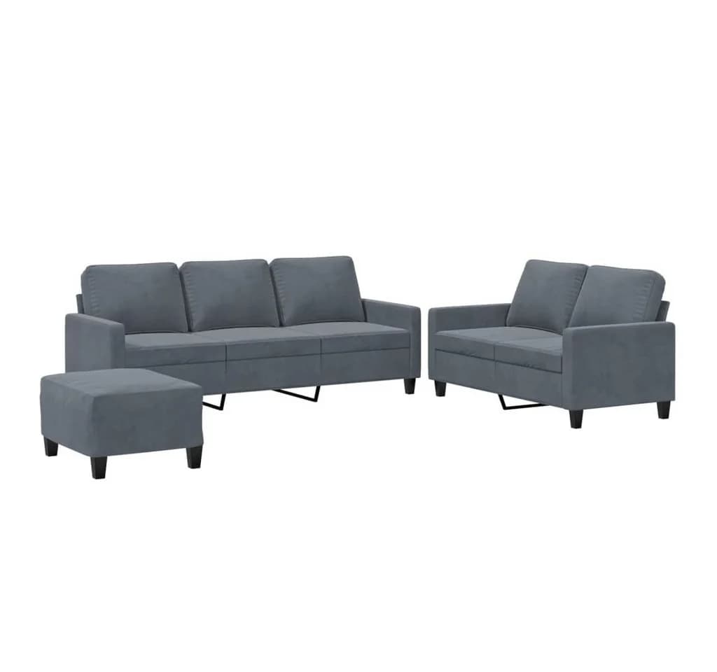 vidaXL 3-teilige Sofagarnitur mit Hocker Dunkelgrau Samt - Bild 2