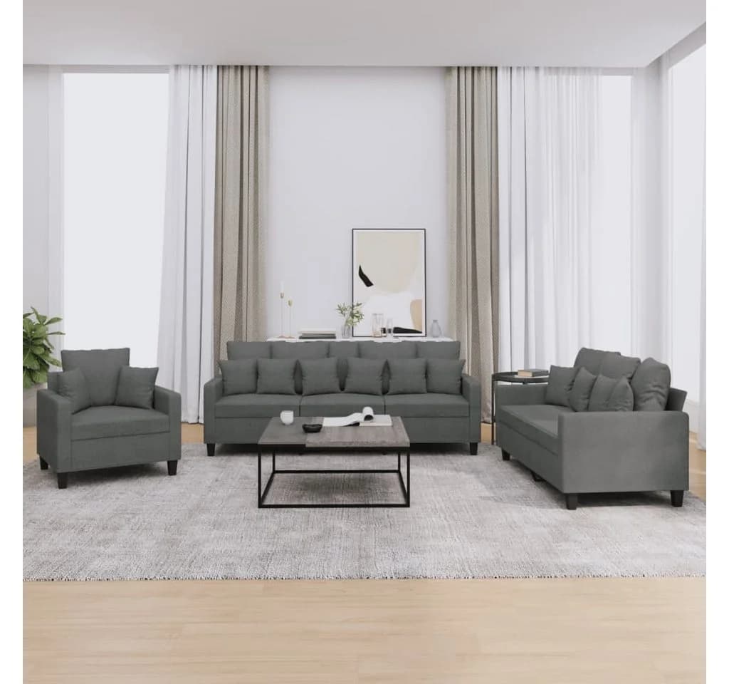 vidaXL 3-tlg. Sofagarnitur Dunkelgrau Stoff mit Kissen
