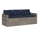vidaXL Gartensofa 3-Sitzer Grau Poly Rattan mit blauen Kissen Bild 2