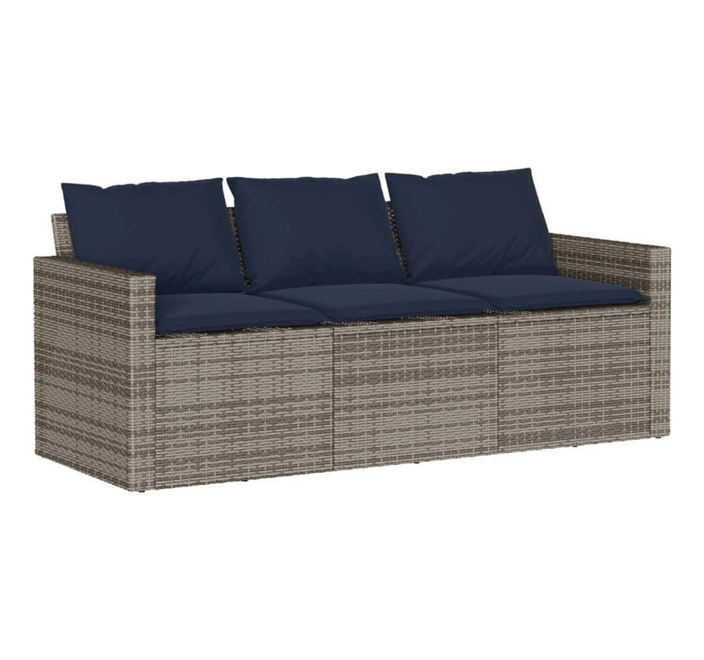 vidaXL Gartensofa 3-Sitzer Grau Poly Rattan mit blauen Kissen - Bild 2