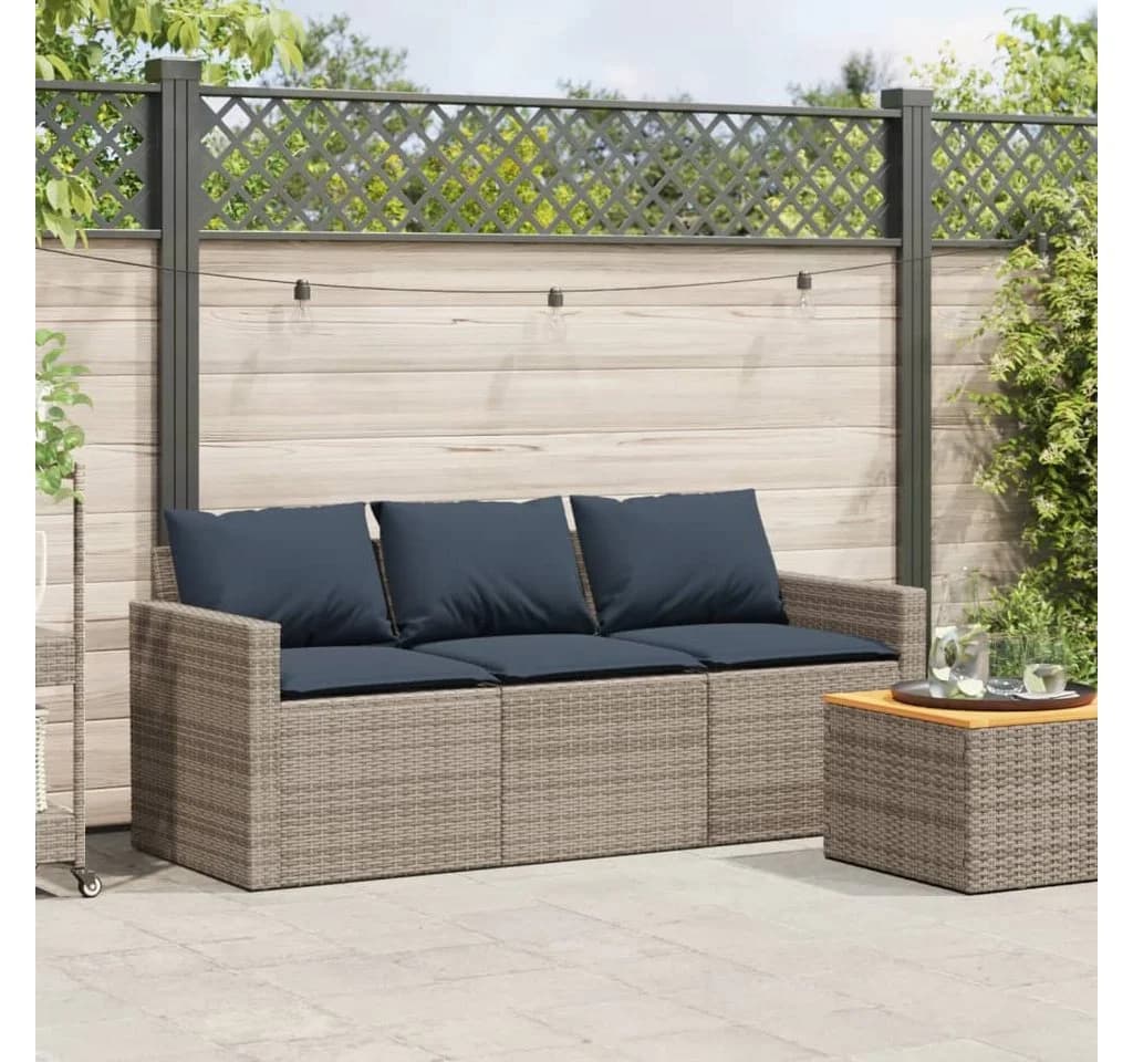 vidaXL Gartensofa 3-Sitzer Grau Poly Rattan mit blauen Kissen - Bild 3
