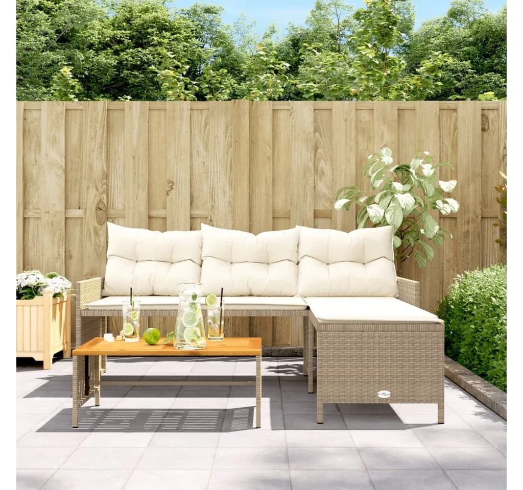 vidaXL Gartensofa L-Form Beige Poly Rattan mit Tisch und Kissen - Bild 3