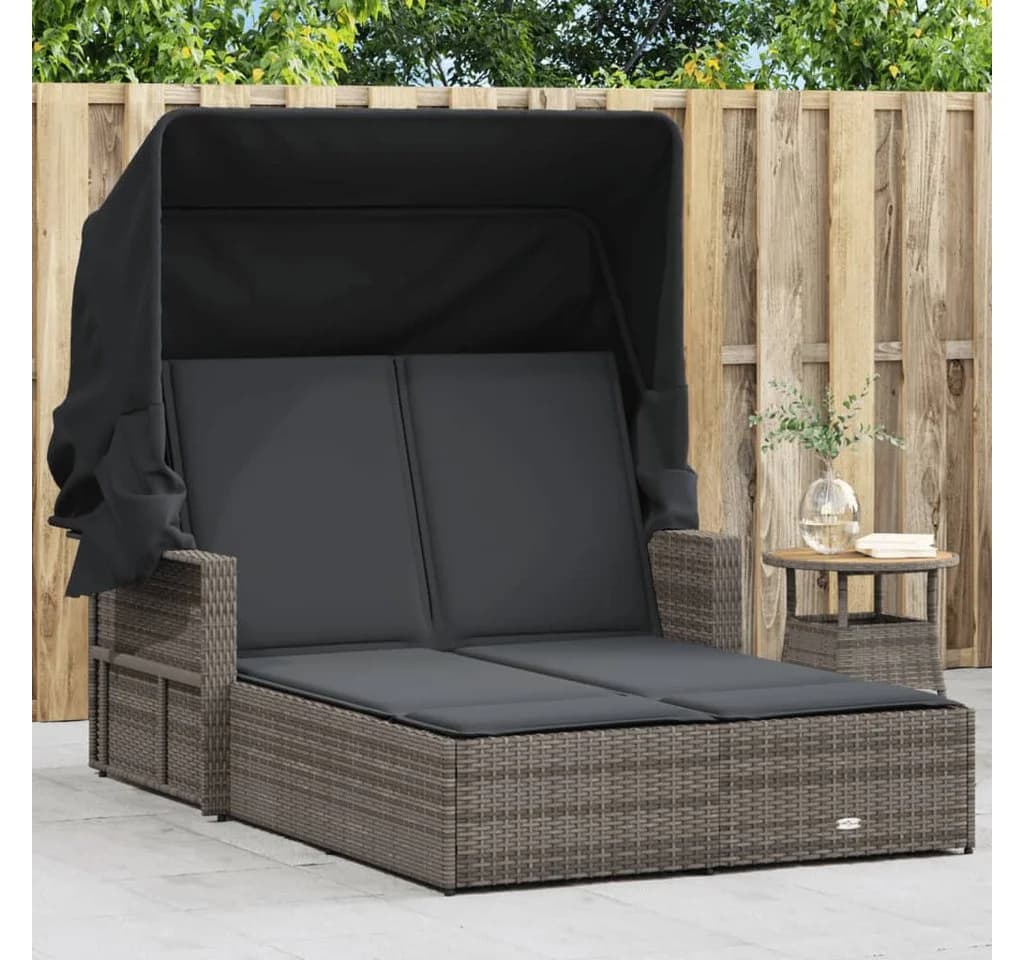 vidaXL Doppel-Sonnenliege mit Dach Grau Poly Rattan