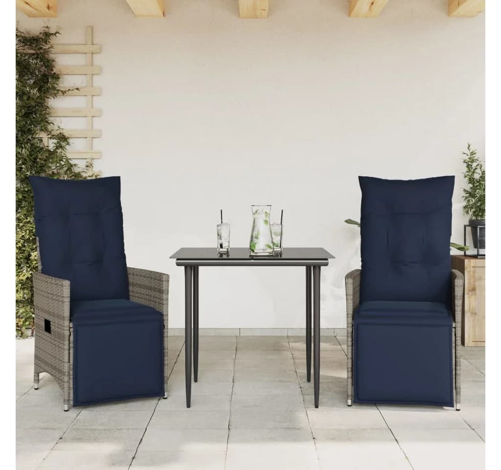 vidaXL Gartenstuhl Set 2 Stk. Verstellbar Grau Poly Rattan mit Kissen
