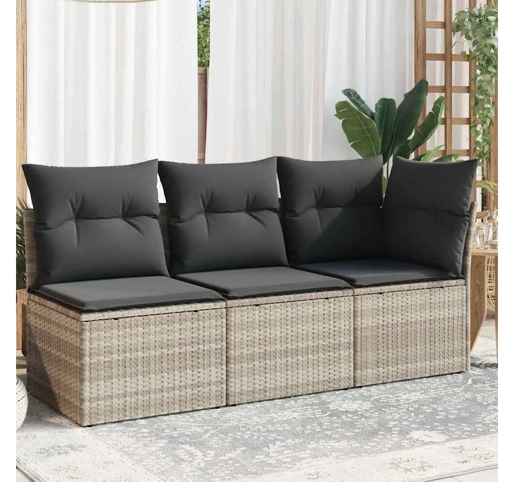 vidaXL Gartensofa 3-Sitzer Hellgrau Poly Rattan mit Kissen