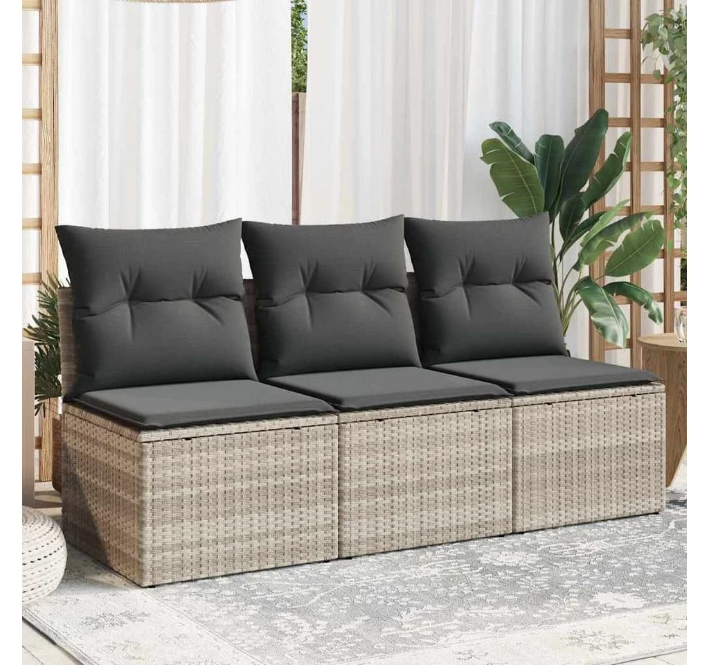 vidaXL Gartensofa 3-Sitzer Hellgrau Poly Rattan mit Kissen