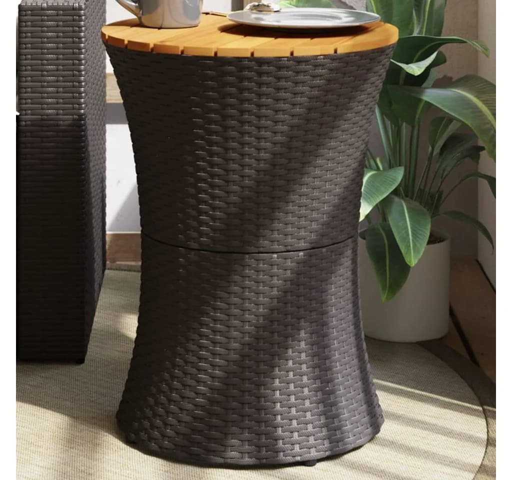vidaXL Gartentisch Trommelform Schwarz Poly Rattan Massivholz