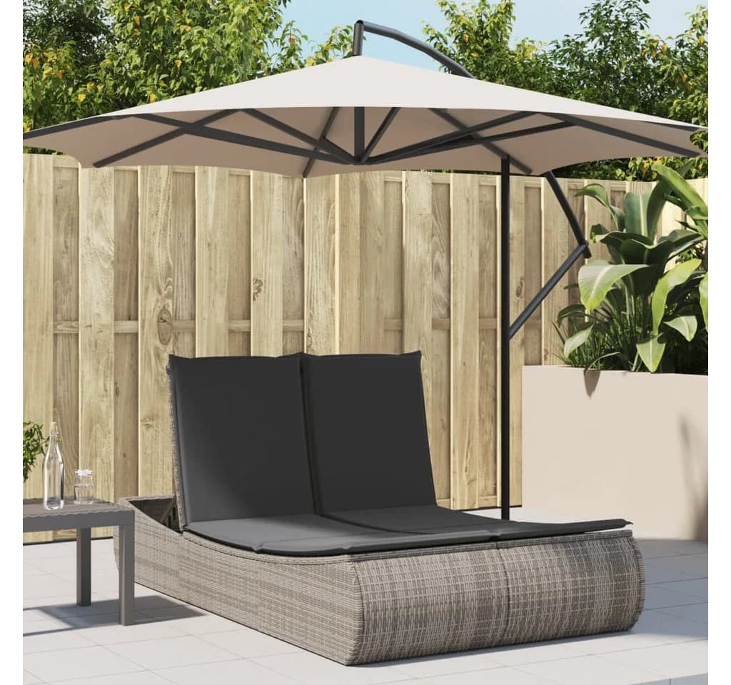 vidaXL Doppel-Sonnenliege Grau PE-Rattan mit Kissen