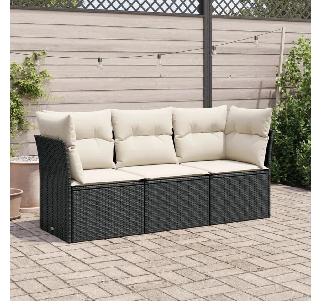 vidaXL Gartenlounge-Set 3-tlg. Schwarz Poly Rattan mit Kissen