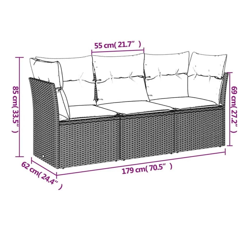 vidaXL Gartenlounge-Set 3-tlg. Schwarz Poly Rattan mit Kissen - Bild 3