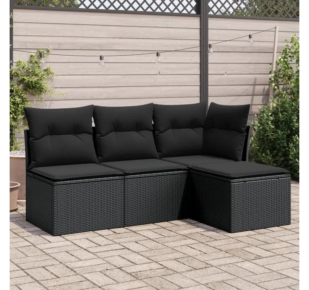 vidaXL Gartenlounge-Set 4-tlg. Schwarz Poly Rattan mit Kissen