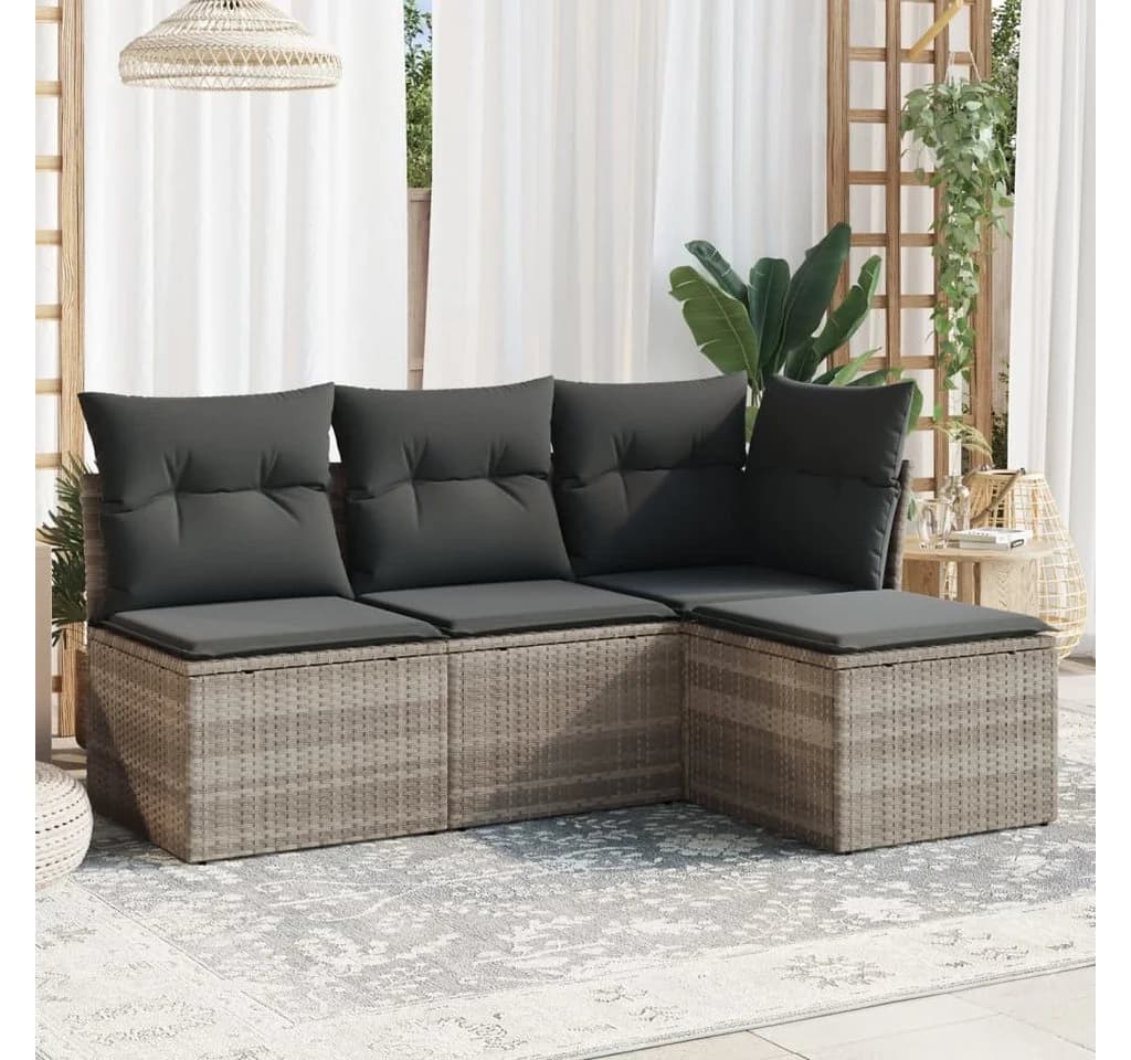 vidaXL Gartenlounge-Set 4-tlg. Hellgrau Poly Rattan mit Kissen