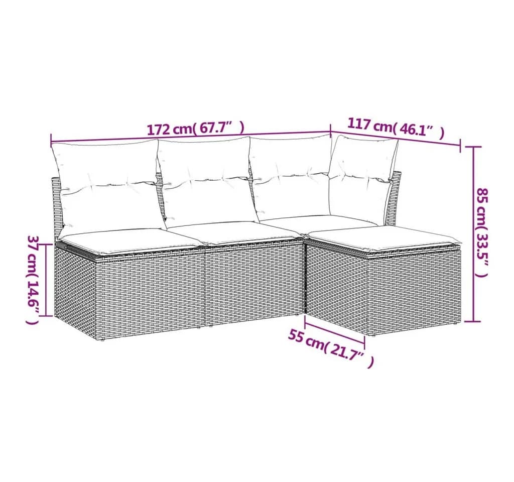 vidaXL Gartenlounge-Set 4-tlg. Hellgrau Poly Rattan mit Kissen - Bild 3