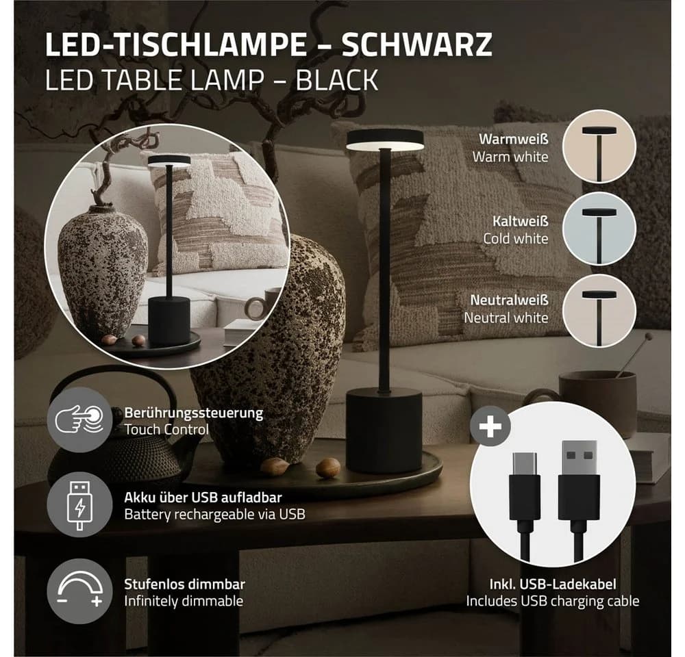 ML-DESIGN Tischleuchte LED Tischlampe kabellos mit Touch Dimmbare Akku USB-C Wiederaufladbar, Nachttischlampe Schwarz 3 Lichtfarben Tragbare Metall Led Lampe