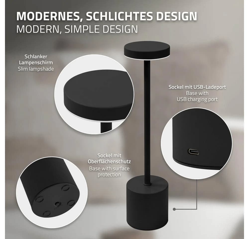 ML-DESIGN Tischleuchte LED Tischlampe kabellos mit Touch Dimmbare Akku USB-C Wiederaufladbar, Nachttischlampe Schwarz 3 Lichtfarben Tragbare Metall Led Lampe - Bild 3