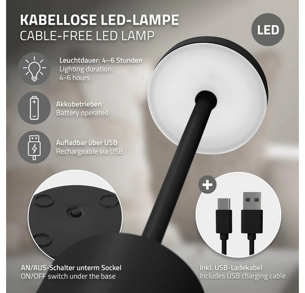 ML-DESIGN Tischleuchte LED Tischlampe kabellos mit Touch Dimmbare Akku USB-C Wiederaufladbar, Nachttischlampe Schwarz 3 Lichtfarben Tragbare Metall Led Lampe - Bild 4