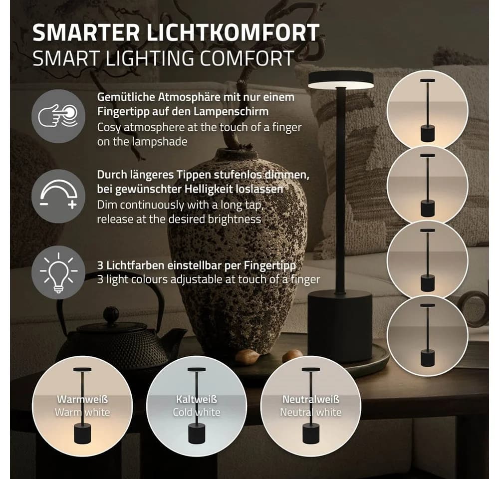 ML-DESIGN Tischleuchte LED Tischlampe kabellos mit Touch Dimmbare Akku USB-C Wiederaufladbar, Nachttischlampe Schwarz 3 Lichtfarben Tragbare Metall Led Lampe - Bild 5