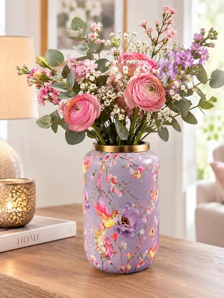 Koopman Tischvase Metall Lila Blumenprint 30cm - Bild 5