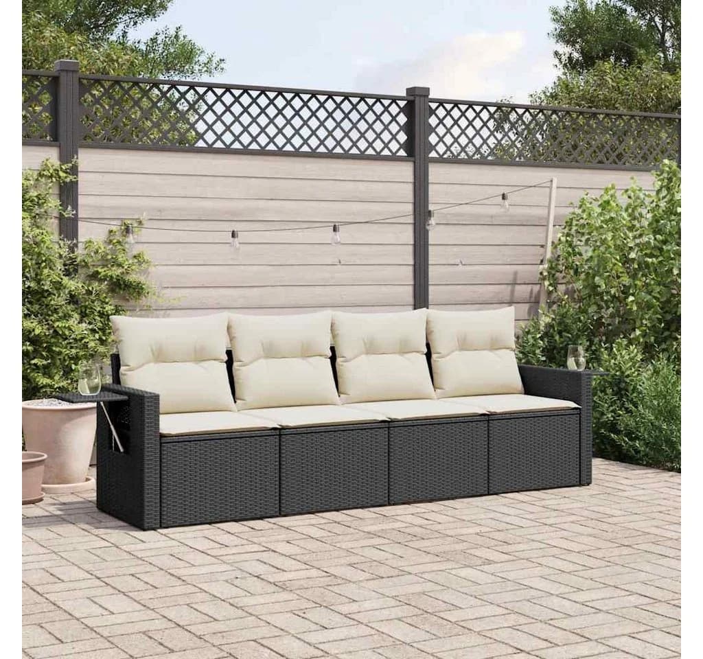 vidaXL Gartenlounge-Set 4-tlg. Schwarz Poly Rattan mit Kissen
