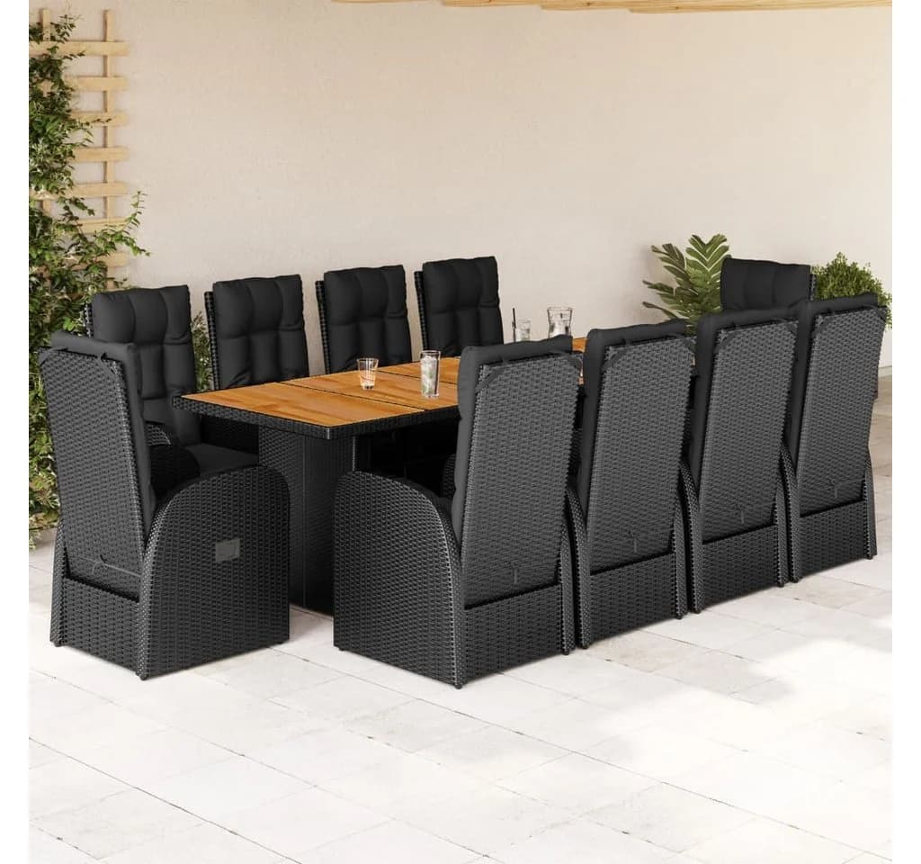 vidaXL Garten-Essgruppe 11-tlg. Schwarz Poly Rattan mit Kissen