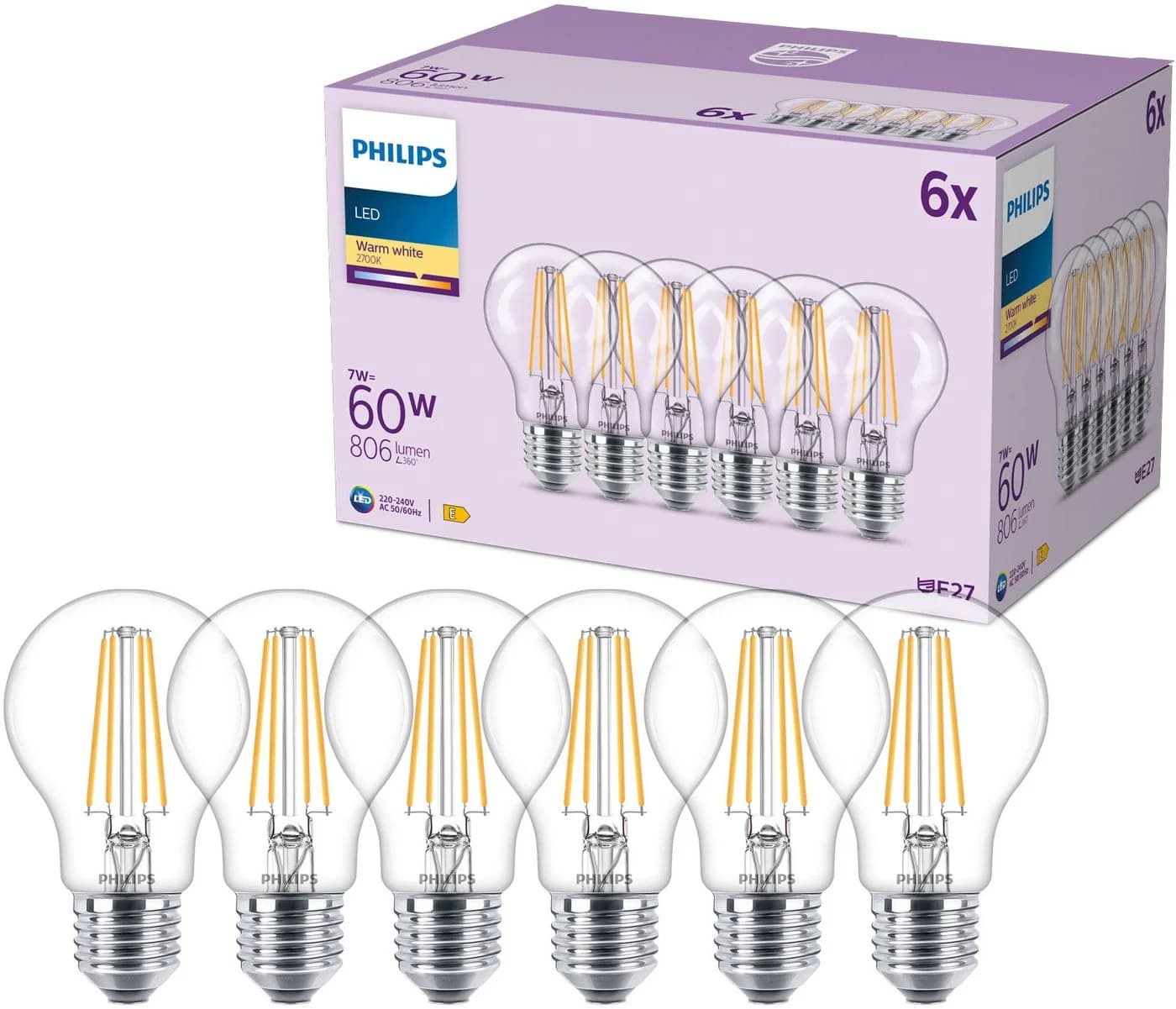 Philips LED-Leuchtmittel Classic 60W Non-Dim E27 6er Pack Warmweiß - Bild 2