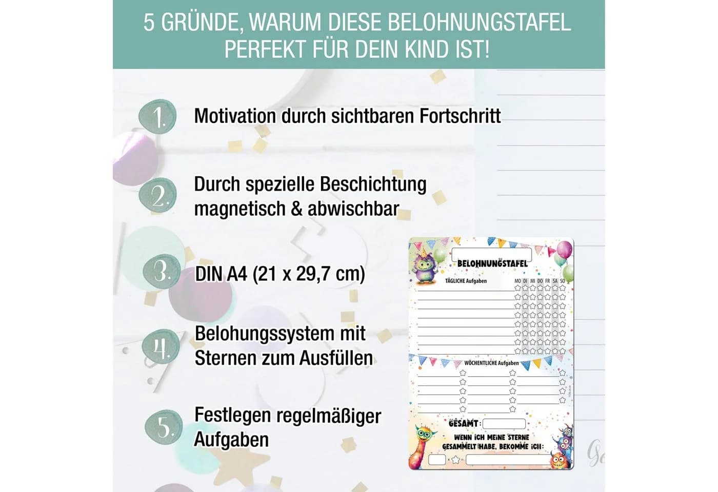TOBJA Belohnungstafel Monster für Kinder, A4 magnetisch, Töpfchentraining und Alltagsroutinen im Monster Design
