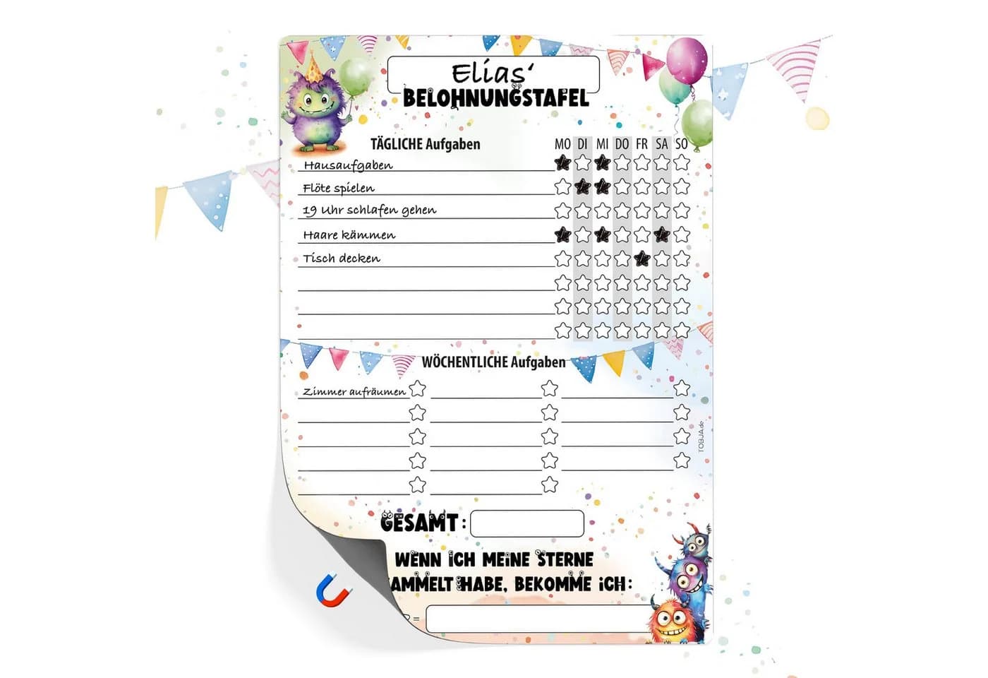 TOBJA Belohnungstafel Monster für Kinder, A4 magnetisch, Töpfchentraining und Alltagsroutinen im Monster Design - Bild 2