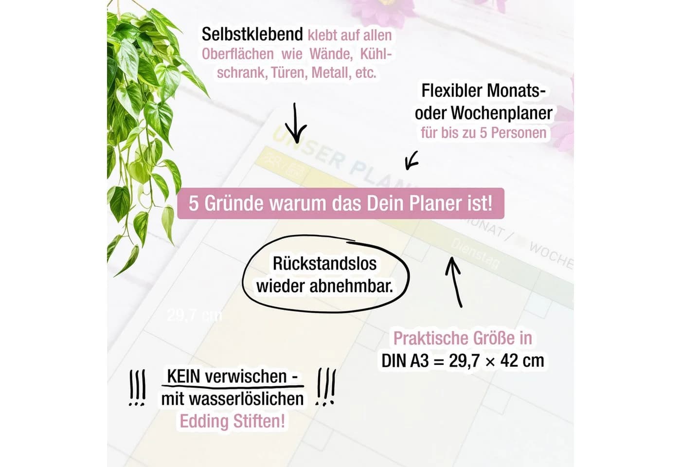 TOBJA Wandtafel A3 selbsthaftender Monatsplaner abwischbar inkl. Stifte
