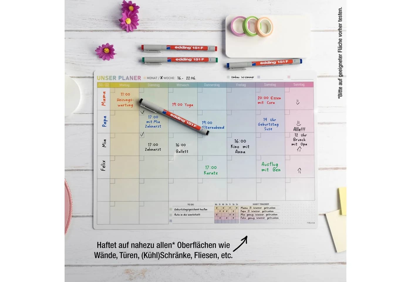 TOBJA Wandtafel A3 selbsthaftender Monatsplaner abwischbar inkl. Stifte - Bild 3