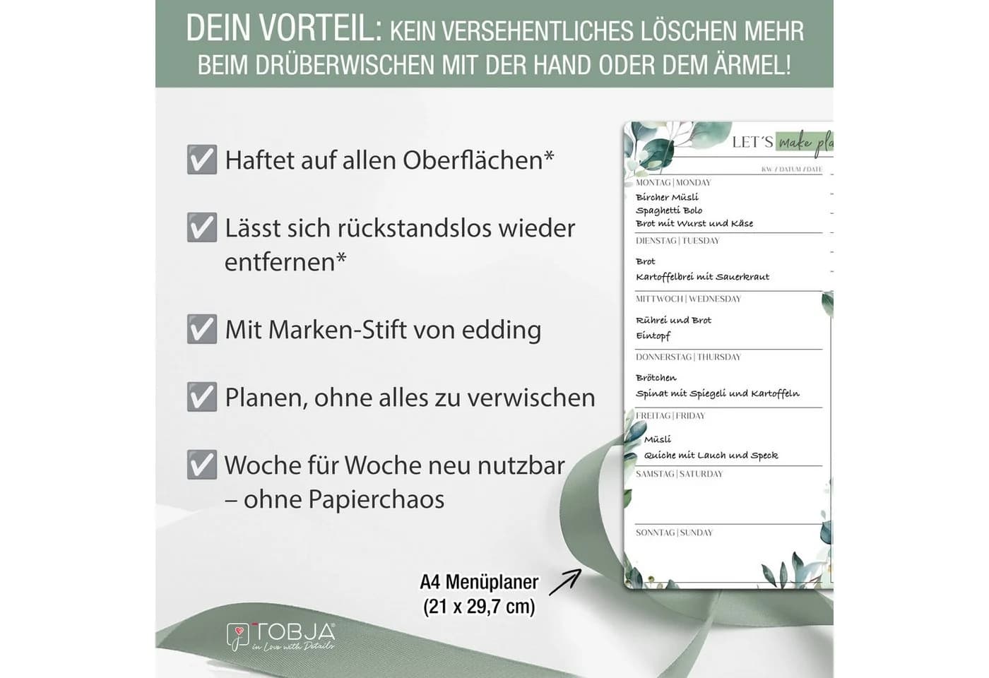 TOBJA Memoboard Menüplaner Woche abwischbar inkl. Stift
